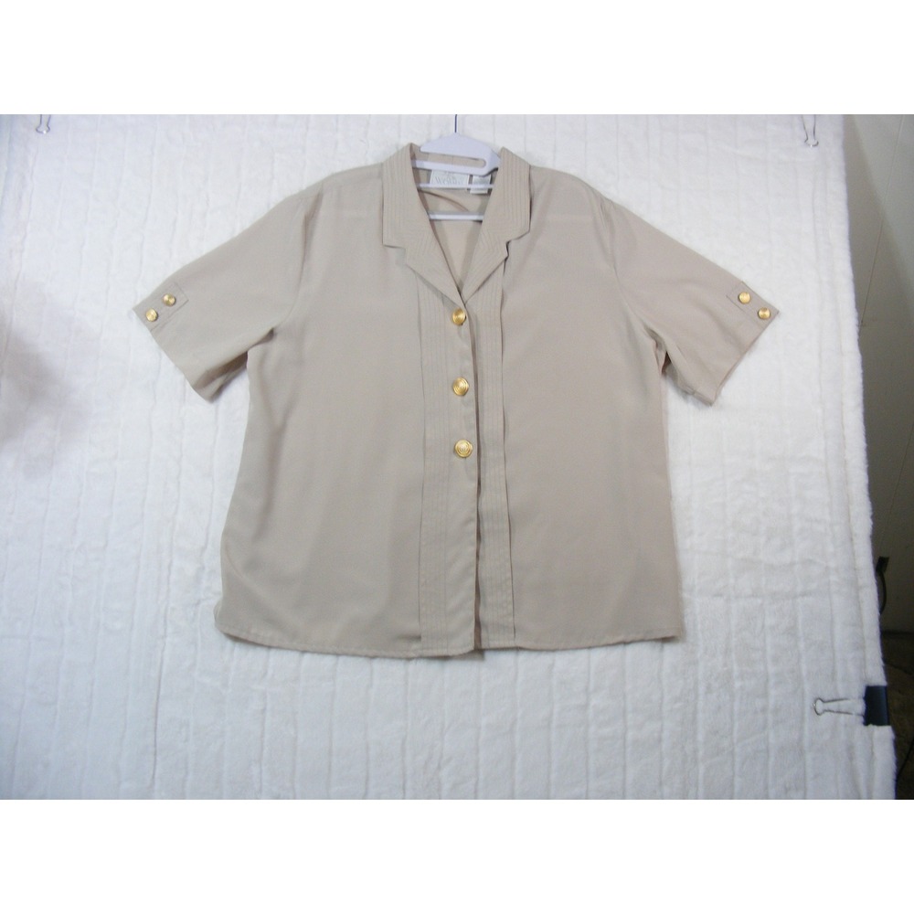 Just For Women Blouse Womens 16W Tan Excellent Short Sleeve Pleated Button Up